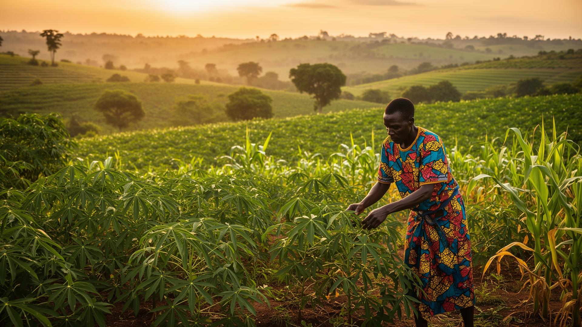 Liberian farmer tending cassava and maize at golden hour